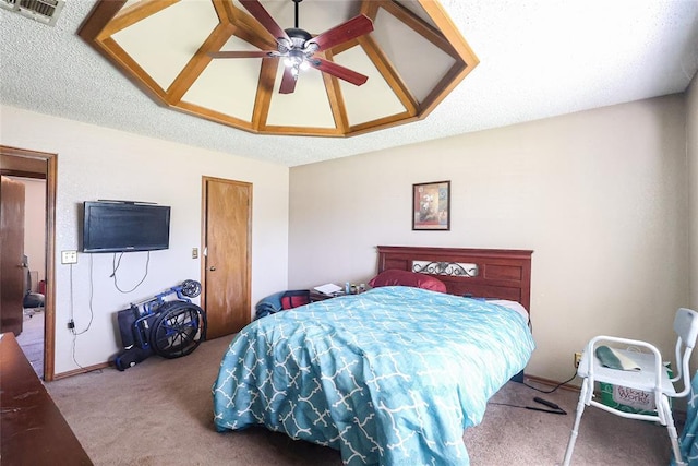 bedroom featuring visible vents, ceiling fan, and carpet floors