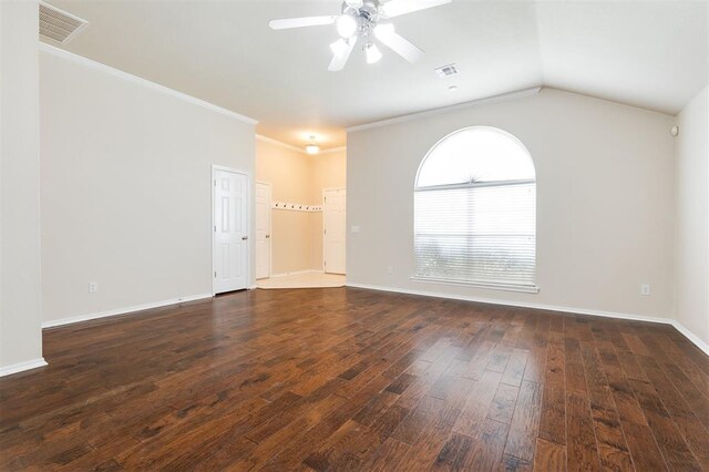 5309 SE 78th St, Oklahoma City, OK 73135 - unfurnished room featuring dark wood-type flooring, a ceiling fan, baseboards, vaulted ceiling, and crown molding
