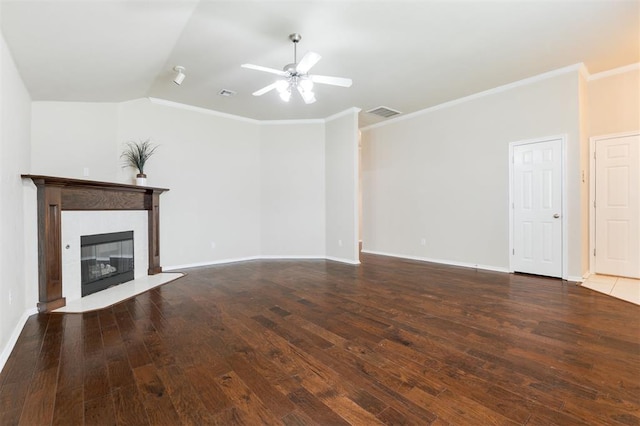 5309 SE 78th St, Oklahoma City, OK 73135 - unfurnished living room featuring hardwood / wood-style floors, ceiling fan, baseboards, crown molding, and a fireplace with flush hearth