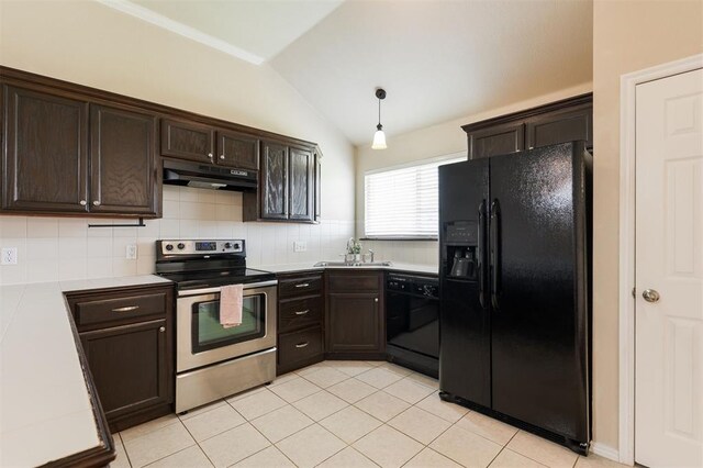 5309 SE 78th St, Oklahoma City, OK 73135 - kitchen with black appliances, under cabinet range hood, dark brown cabinets, a sink, and tasteful backsplash