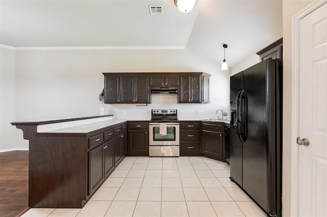 5309 SE 78th St, Oklahoma City, OK 73135 - kitchen featuring black fridge with ice dispenser, stainless steel range with electric cooktop, under cabinet range hood, dark brown cabinets, and a peninsula