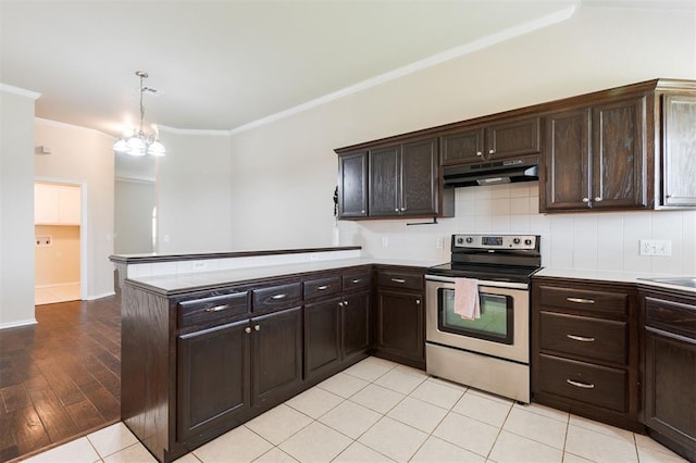 5309 SE 78th St, Oklahoma City, OK 73135 - kitchen with stainless steel electric range oven, under cabinet range hood, ornamental molding, a peninsula, and dark brown cabinets