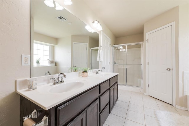 5309 SE 78th St, Oklahoma City, OK 73135 - bathroom featuring a shower stall, double vanity, and tile patterned flooring