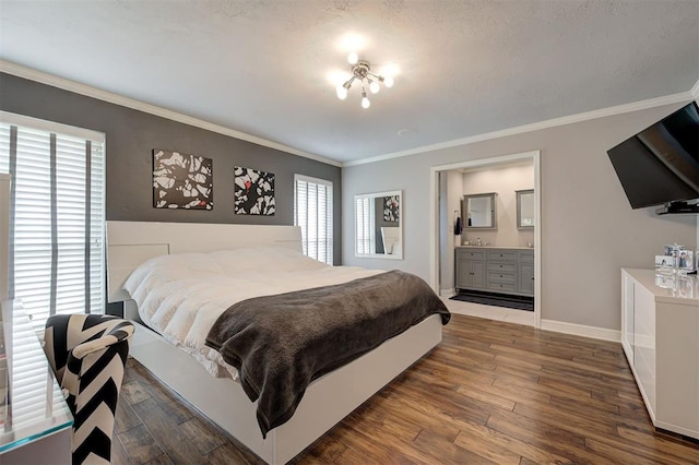 7712 Rumsey Rd, Oklahoma City, OK 73132 - bedroom with baseboards, ensuite bath, wood finished floors, and crown molding