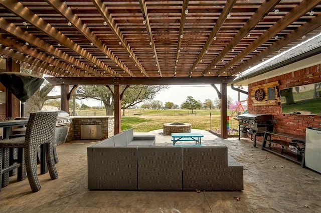 7712 Rumsey Rd, Oklahoma City, OK 73132 - view of patio with a pergola, a grill, an outdoor living space with a fireplace, and area for grilling