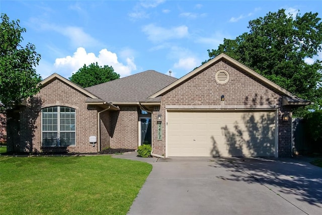 1417 Mayer Dr, Yukon, OK 73099 - ranch-style home with brick siding, a garage, concrete driveway, and a front yard