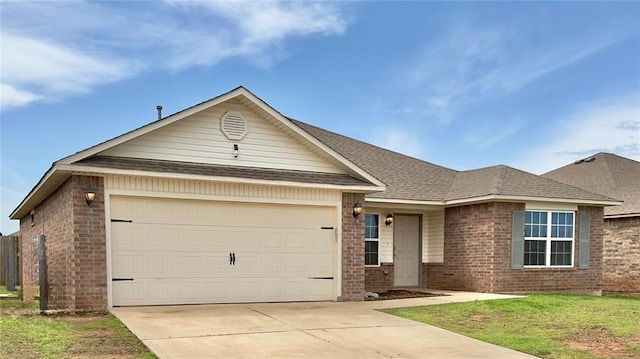 ranch-style house featuring a garage, brick siding, a shingled roof, and concrete driveway