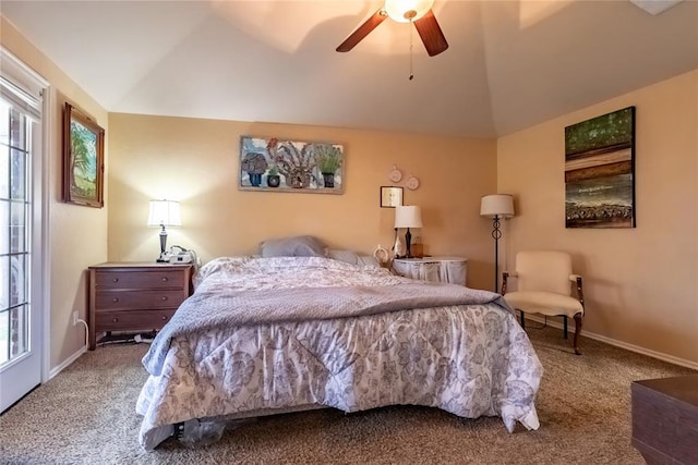 carpeted bedroom with baseboards, ceiling fan, and lofted ceiling