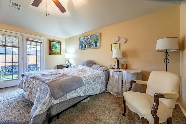 bedroom featuring visible vents, a ceiling fan, and carpet flooring