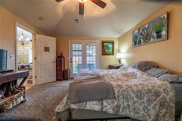 bedroom with carpet floors, access to exterior, ceiling fan with notable chandelier, visible vents, and lofted ceiling