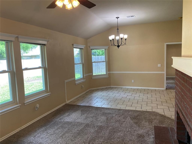 17413 Platinum Ln, Edmond, OK 73012 - unfurnished dining area featuring lofted ceiling, ceiling fan, a chandelier, baseboards, and tile patterned flooring