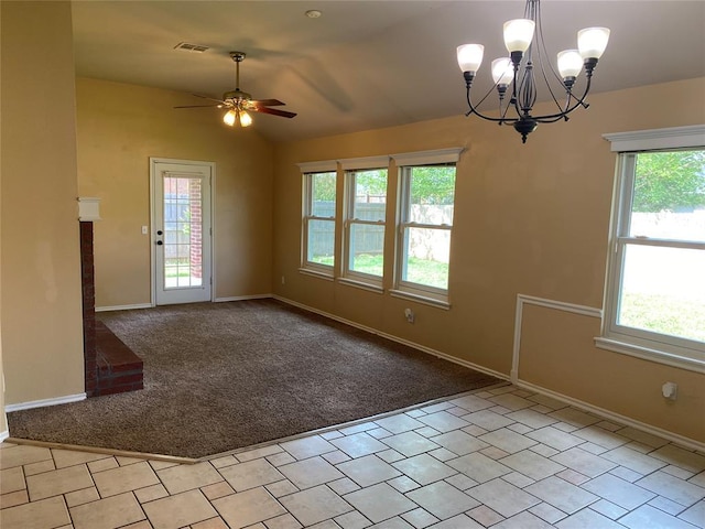 17413 Platinum Ln, Edmond, OK 73012 - spare room featuring plenty of natural light, a ceiling fan, a chandelier, and lofted ceiling