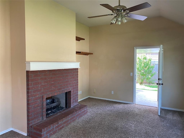 17413 Platinum Ln, Edmond, OK 73012 - unfurnished living room with a brick fireplace, carpet floors, baseboards, a ceiling fan, and lofted ceiling