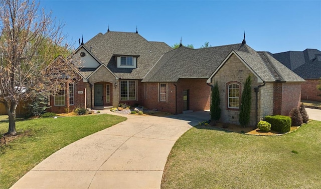 view of front of home featuring driveway, stone siding, a front lawn, brick siding, and a shingled roof