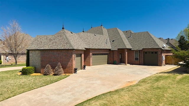 view of front of property featuring a garage, concrete driveway, a front lawn, and brick siding
