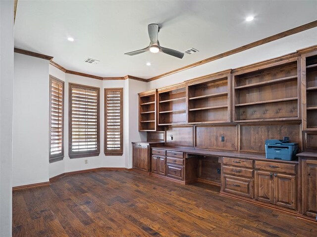 4200 Slate Bridge Rd, Edmond, OK 73034 - unfurnished office featuring built in study area, ceiling fan, dark wood finished floors, crown molding, and recessed lighting