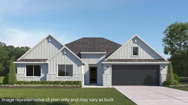 5510 Windstone Ln, Norman, OK 73072 - modern farmhouse style home with a garage, board and batten siding, driveway, a front yard, and roof with shingles