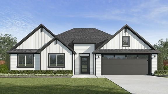 5510 Windstone Ln, Norman, OK 73072 - modern farmhouse style home featuring board and batten siding, an attached garage, concrete driveway, and a front yard