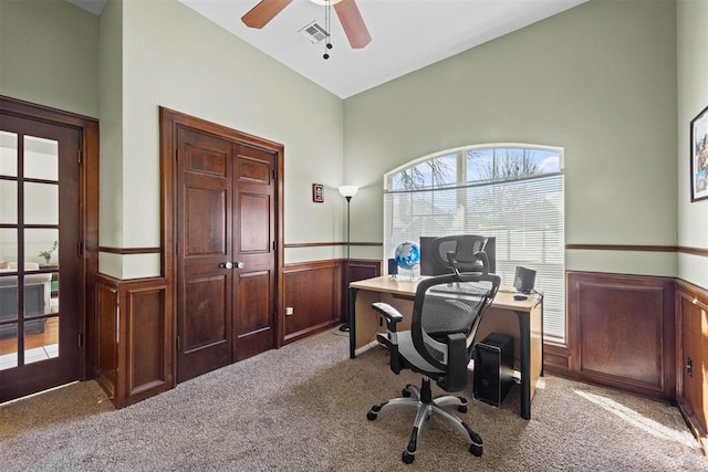 4113 Annalane Dr, Norman, OK 73072 - office area featuring carpet floors, ceiling fan, visible vents, and wainscoting