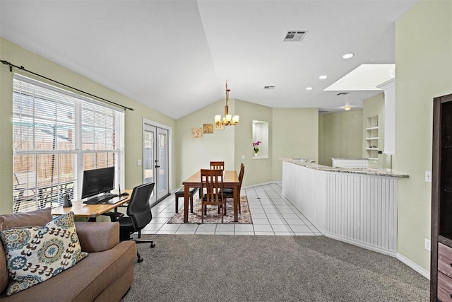 4113 Annalane Dr, Norman, OK 73072 - home office featuring a chandelier, light carpet, lofted ceiling, light tile patterned floors, and visible vents