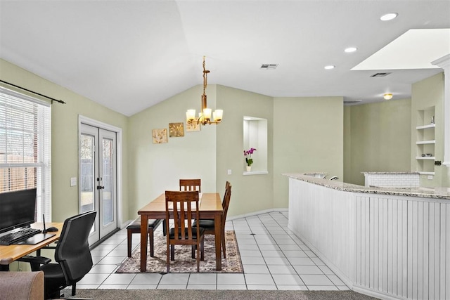4113 Annalane Dr, Norman, OK 73072 - dining room with lofted ceiling, visible vents, a chandelier, and light tile patterned floors