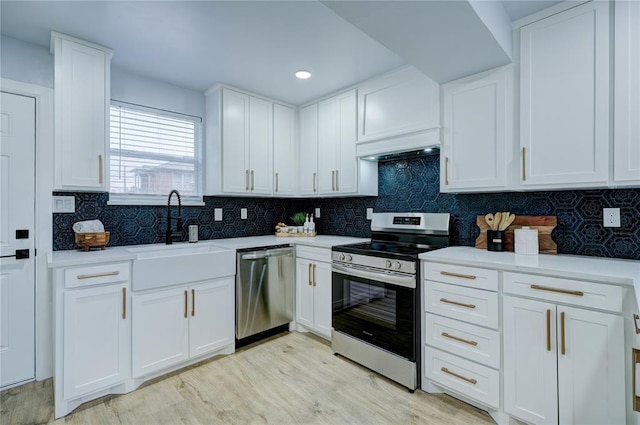 kitchen with light countertops, custom exhaust hood, appliances with stainless steel finishes, white cabinetry, and a sink