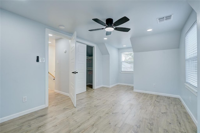 bonus room with light wood-type flooring, recessed lighting, baseboards, ceiling fan, and visible vents