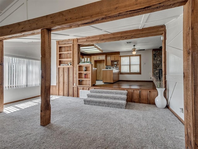 27704 S County Line Ave, Blanchard, OK 73010 - unfurnished living room with visible vents, carpet, and ceiling fan