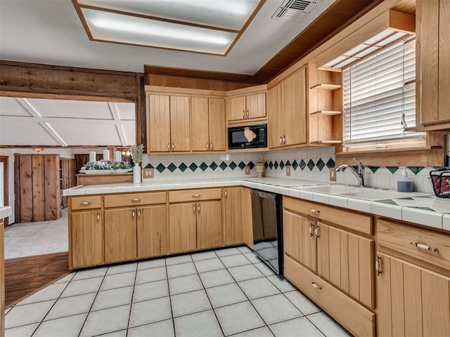 27704 S County Line Ave, Blanchard, OK 73010 - kitchen with open shelves, a sink, black appliances, backsplash, and visible vents