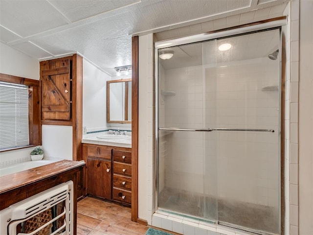 27704 S County Line Ave, Blanchard, OK 73010 - bathroom with a shower stall, wood finished floors, vanity, and heating unit