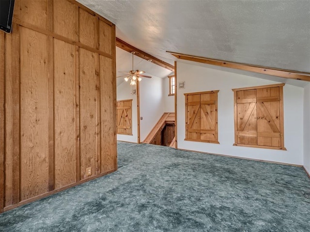 27704 S County Line Ave, Blanchard, OK 73010 - additional living space featuring ceiling fan, a textured ceiling, carpet flooring, and lofted ceiling with beams