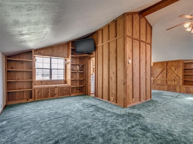27704 S County Line Ave, Blanchard, OK 73010 - additional living space featuring vaulted ceiling, a textured ceiling, wooden walls, ceiling fan, and carpet flooring