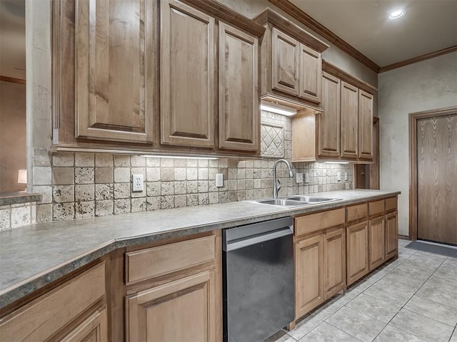 904 Majestic St, Yukon, OK 73099 - kitchen with stainless steel dishwasher, a sink, ornamental molding, decorative backsplash, and light tile patterned floors
