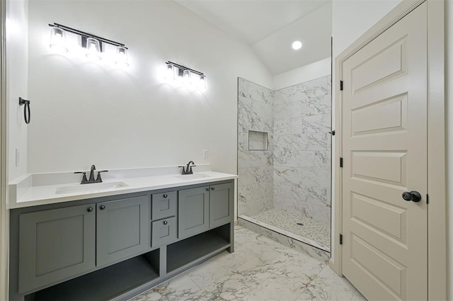 128 E 7th St, Arcadia, OK 73007 - full bathroom featuring marble finish floors, tiled shower, lofted ceiling, double vanity, and recessed lighting