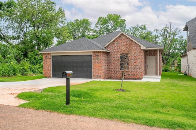 128 E 7th St, Arcadia, OK 73007 - ranch-style home featuring a garage, brick siding, a front lawn, concrete driveway, and a shingled roof