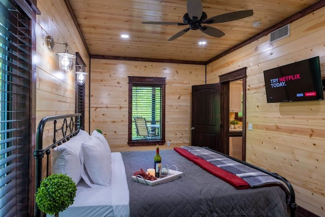 167 Penner Rd, Broken Bow, OK 74728 - bedroom with visible vents, wooden ceiling, wood walls, and recessed lighting