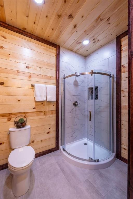 167 Penner Rd, Broken Bow, OK 74728 - full bath featuring a stall shower, wooden walls, and wooden ceiling