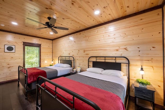 167 Penner Rd, Broken Bow, OK 74728 - bedroom with wooden walls, wooden ceiling, recessed lighting, and dark wood-style flooring