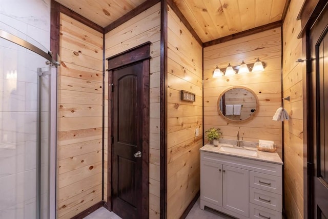 167 Penner Rd, Broken Bow, OK 74728 - bathroom featuring wooden walls, wooden ceiling, and vanity