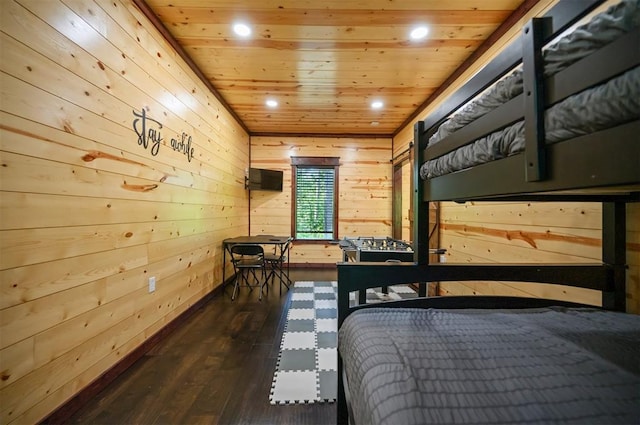 167 Penner Rd, Broken Bow, OK 74728 - unfurnished bedroom with wooden ceiling, dark wood-type flooring, wooden walls, and recessed lighting