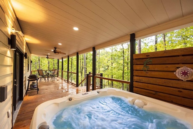 167 Penner Rd, Broken Bow, OK 74728 - exterior space with wood-type flooring, a wooded view, wooden ceiling, and recessed lighting