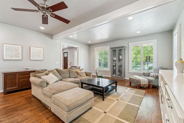1707 Pennington Way, Nichols Hills, OK 73116 - living room featuring wood finished floors, healthy amount of natural light, recessed lighting, a ceiling fan, and baseboards