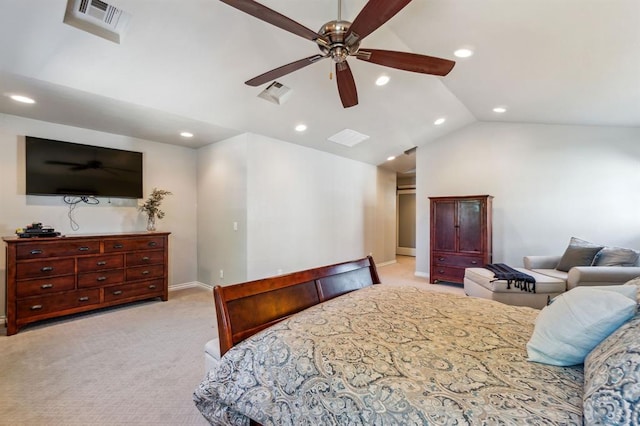1707 Pennington Way, Nichols Hills, OK 73116 - bedroom with lofted ceiling, light colored carpet, recessed lighting, baseboards, and a ceiling fan