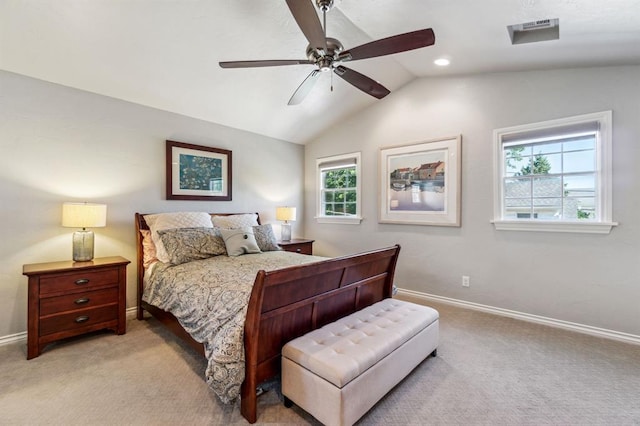 1707 Pennington Way, Nichols Hills, OK 73116 - bedroom with light carpet, baseboards, lofted ceiling, and a ceiling fan