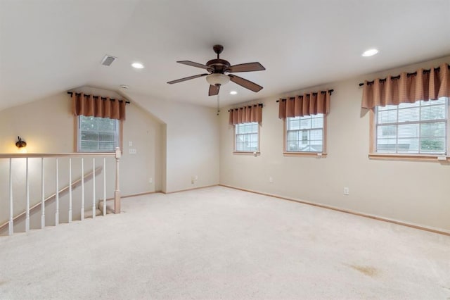 1707 Pennington Way, Nichols Hills, OK 73116 - spare room featuring recessed lighting, carpet floors, a ceiling fan, vaulted ceiling, and baseboards
