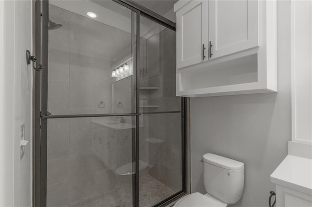 bathroom with a shower stall, toilet, and vanity