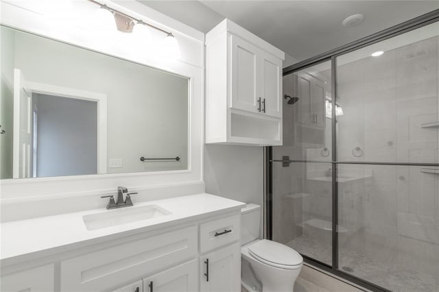 full bath with toilet, vanity, and a shower stall