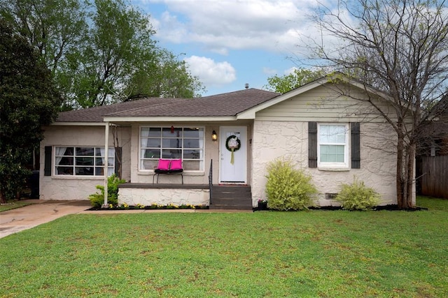 2837 Cambridge Ct, Oklahoma City, OK 73116 - ranch-style house with fence, crawl space, roof with shingles, and a front lawn