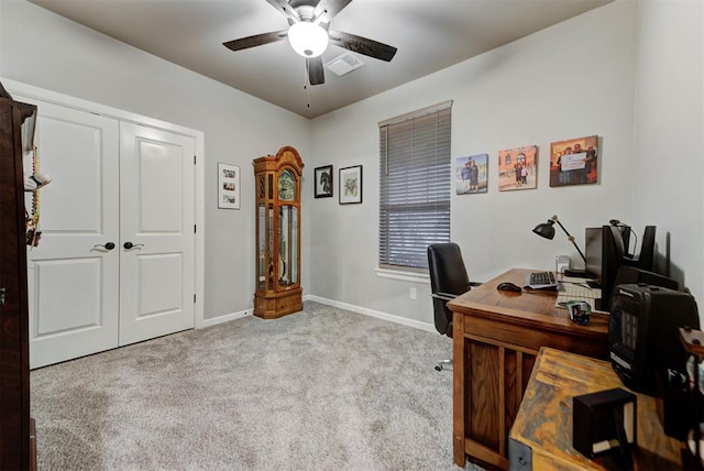 5513 Carmel Creek Dr, Mustang, OK 73064 - office area featuring carpet, ceiling fan, and baseboards