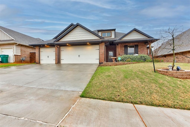 5513 Carmel Creek Dr, Mustang, OK 73064 - view of front facade featuring a garage, a front yard, concrete driveway, and brick siding